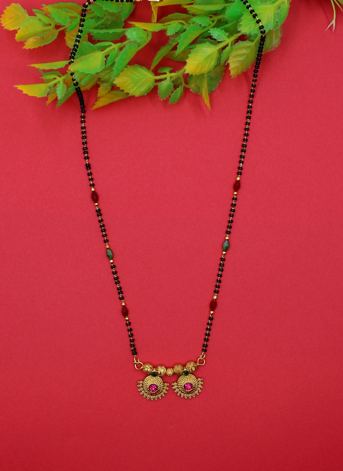 Traditional Red-Green Beaded Double Pendant Mangalsutra – Elegant Gold Plated Design ❤️💚