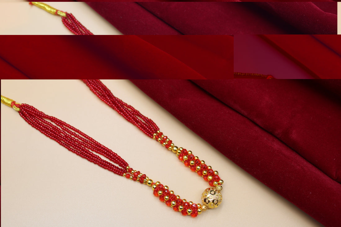 Royal Ruby Red Beaded Choker Necklace with Gold-Plated Center Bead – Elegant Traditional Festive Jewellery