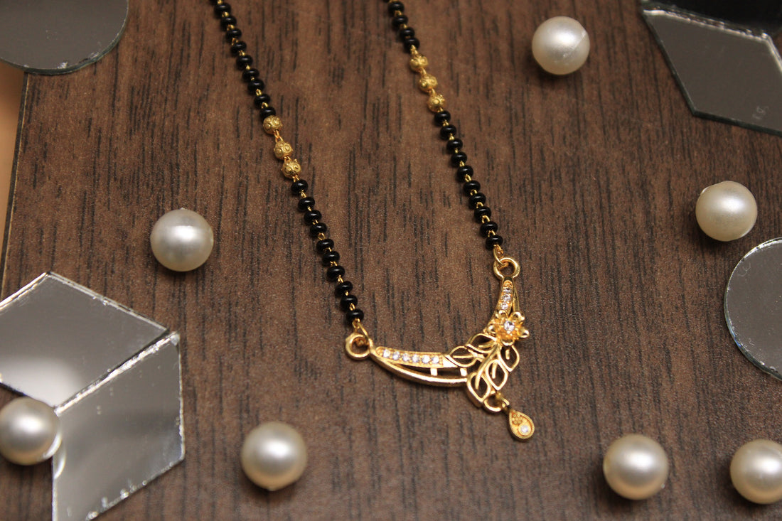 Floral Design Gold-Plated Mangalsutra with Black Beads & CZ Drop Pendant