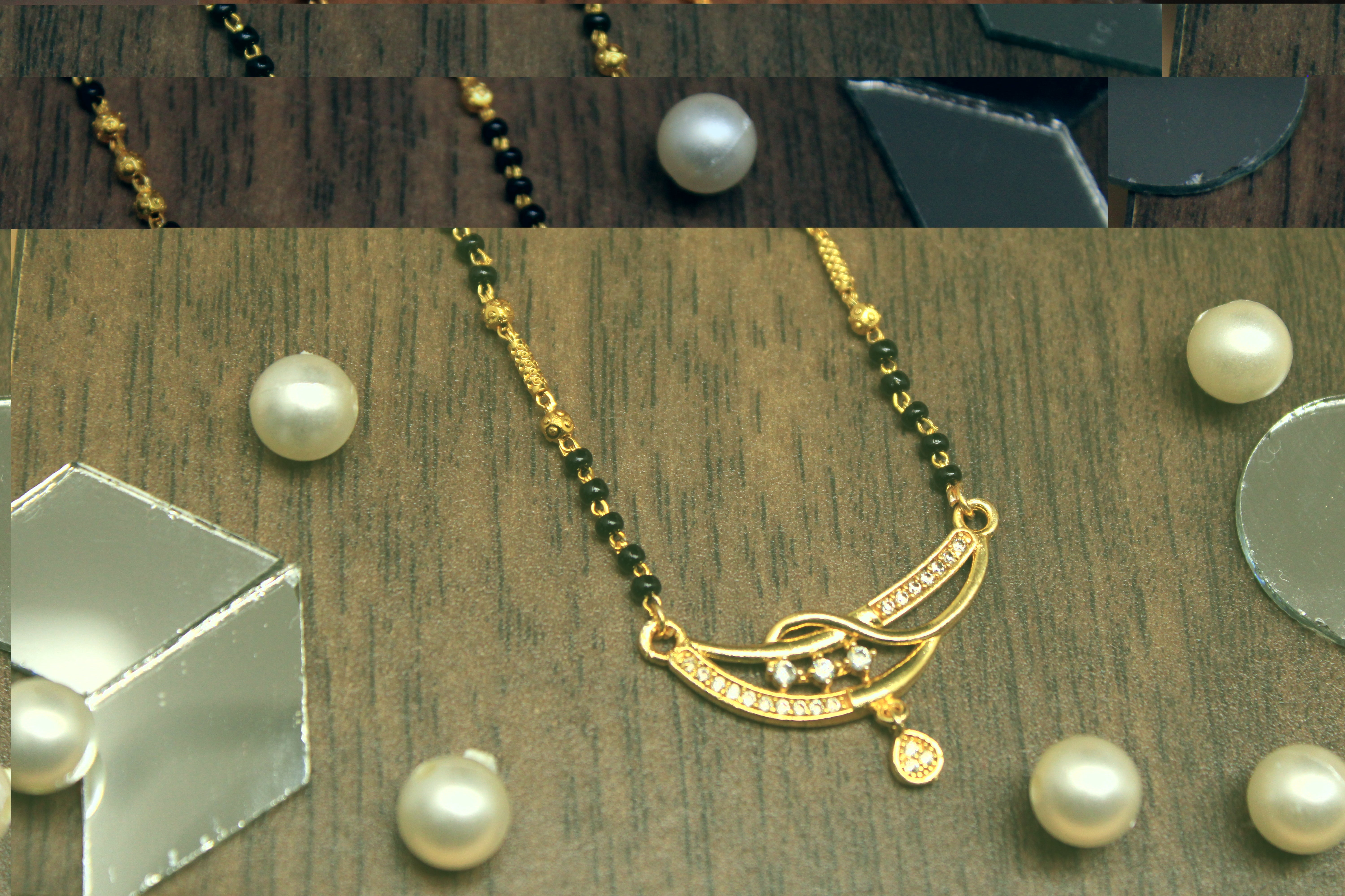 Gold-Plated Designer Mangalsutra with Black Beads & CZ Drop Pendant