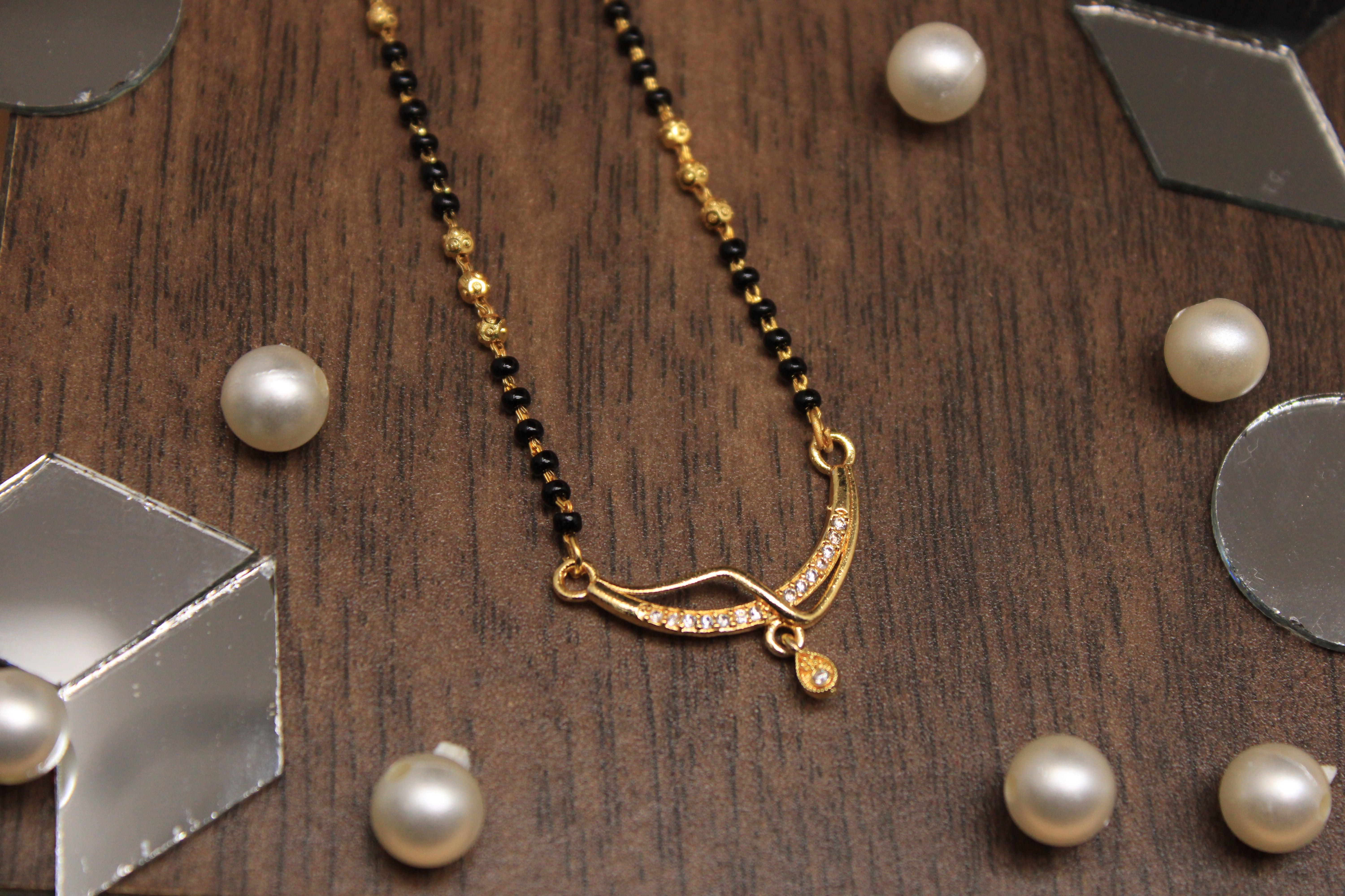 Graceful Gold-Plated Mangalsutra with CZ Stone Pendant & Dual Beads