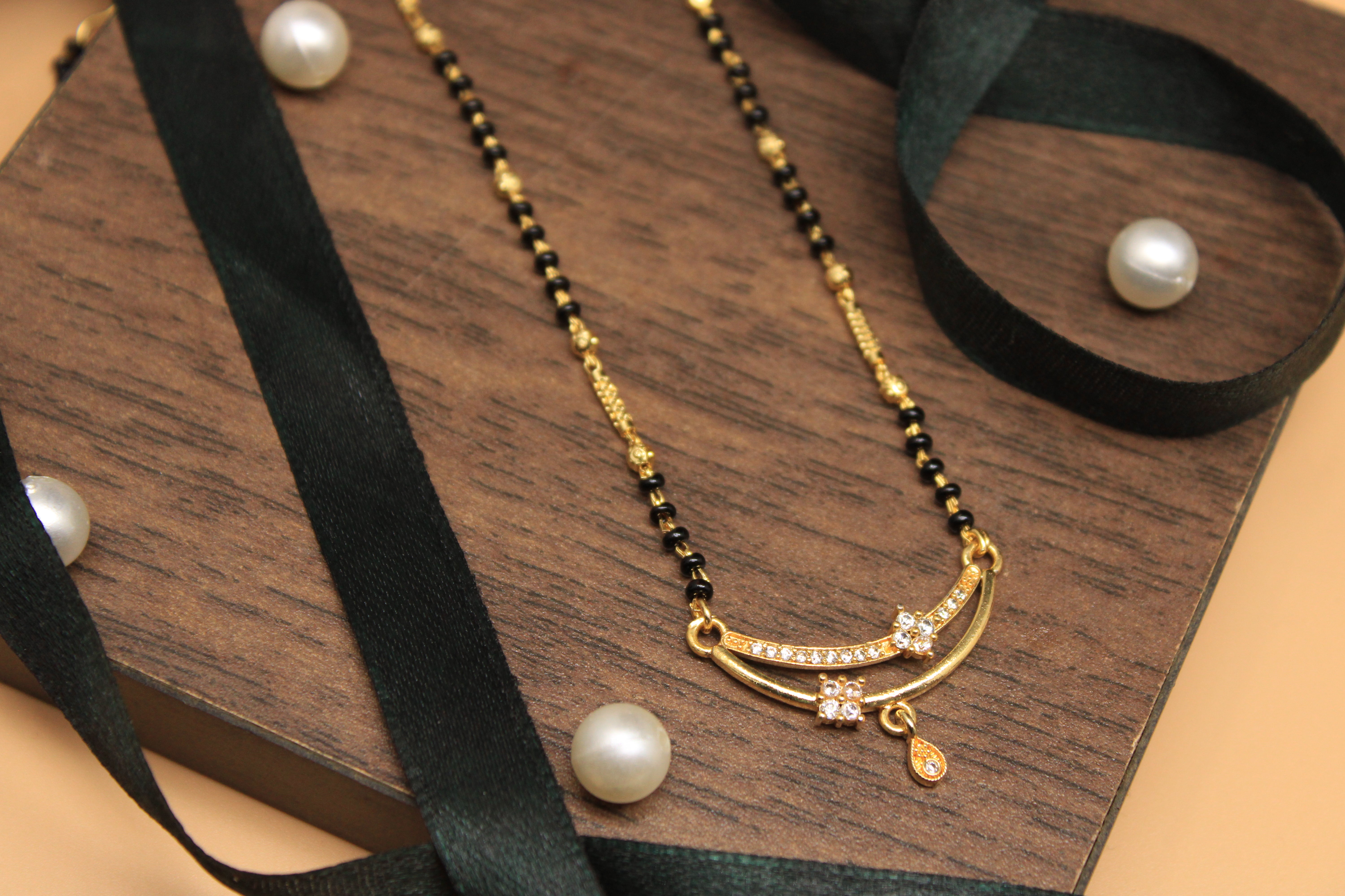 Designer Gold-Plated Mangalsutra with Dual CZ Charms & Black Beads