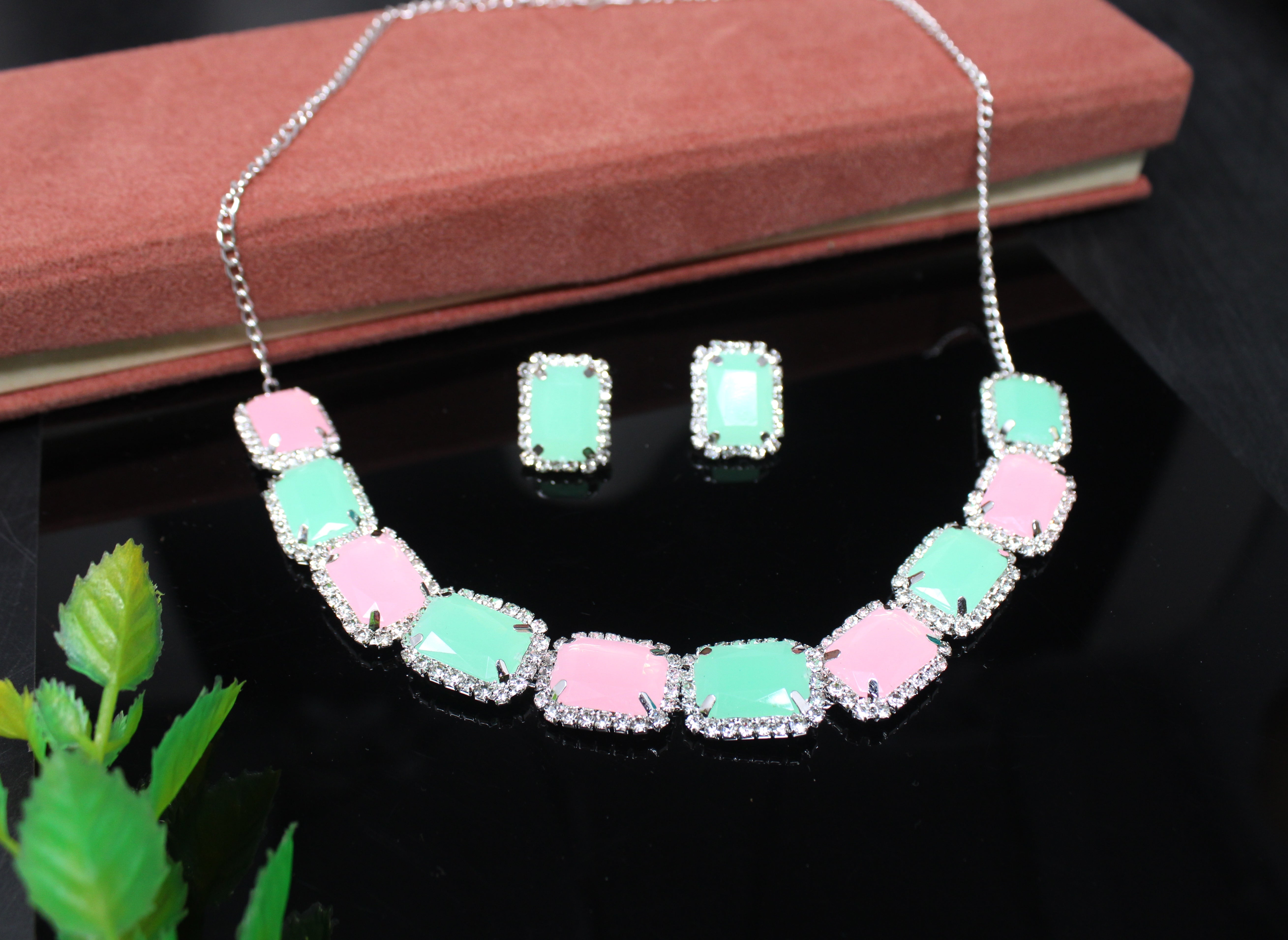 Dual-Tone Pink & Green Stone Necklace with Matching Earrings