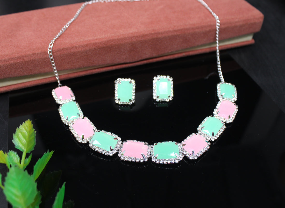 Dual-Tone Pink & Green Stone Necklace with Matching Earrings