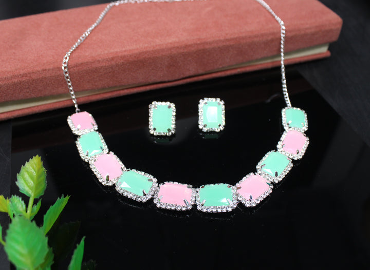 Dual-Tone Pink & Green Stone Necklace with Matching Earrings