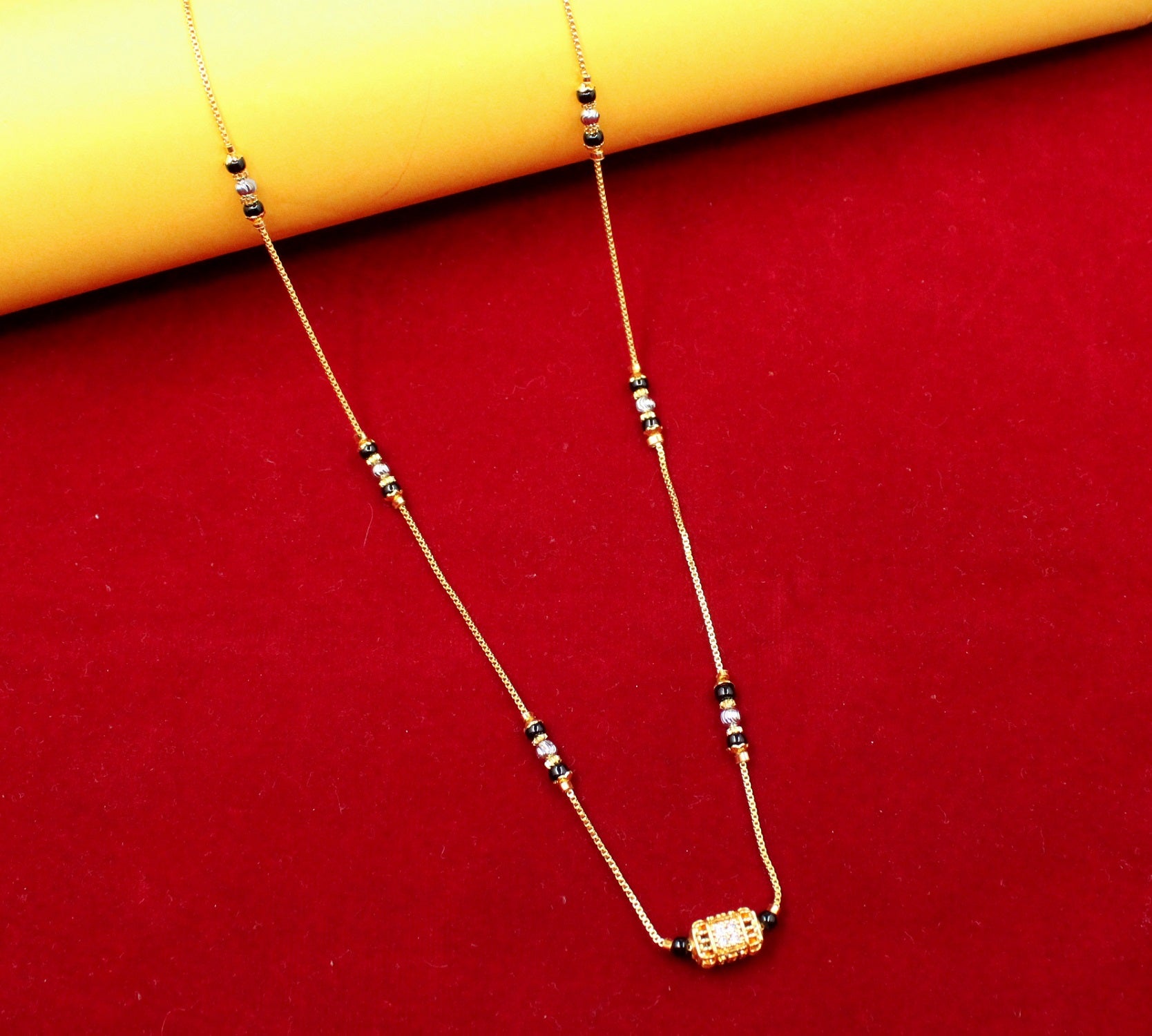 Gold-Plated Mangalsutra with Black Beads & Square Stone Pendant – Lightweight Daily Wear Design