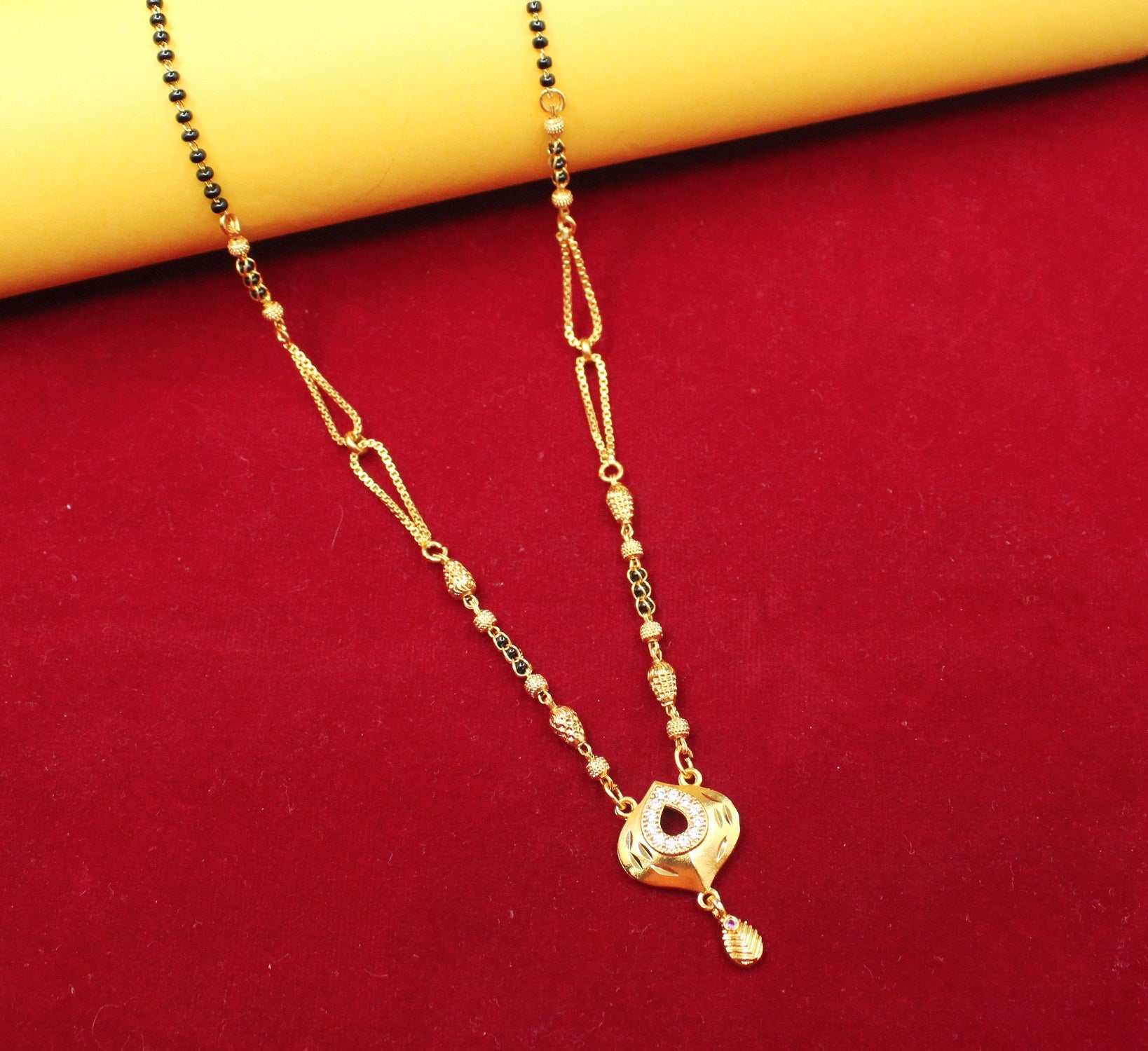 Gold-Plated Mangalsutra with Black Beads & Teardrop Pendant – Elegant Daily & Festive Wear