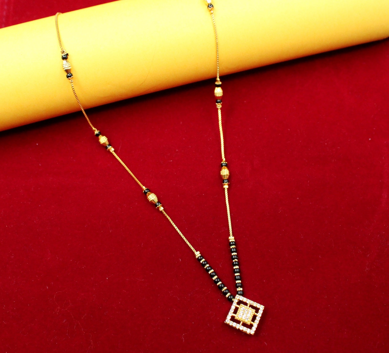 Gold-Plated Mangalsutra with Black Beads & Diamond-Studded Square Pendant – Modern Daily Wear Design