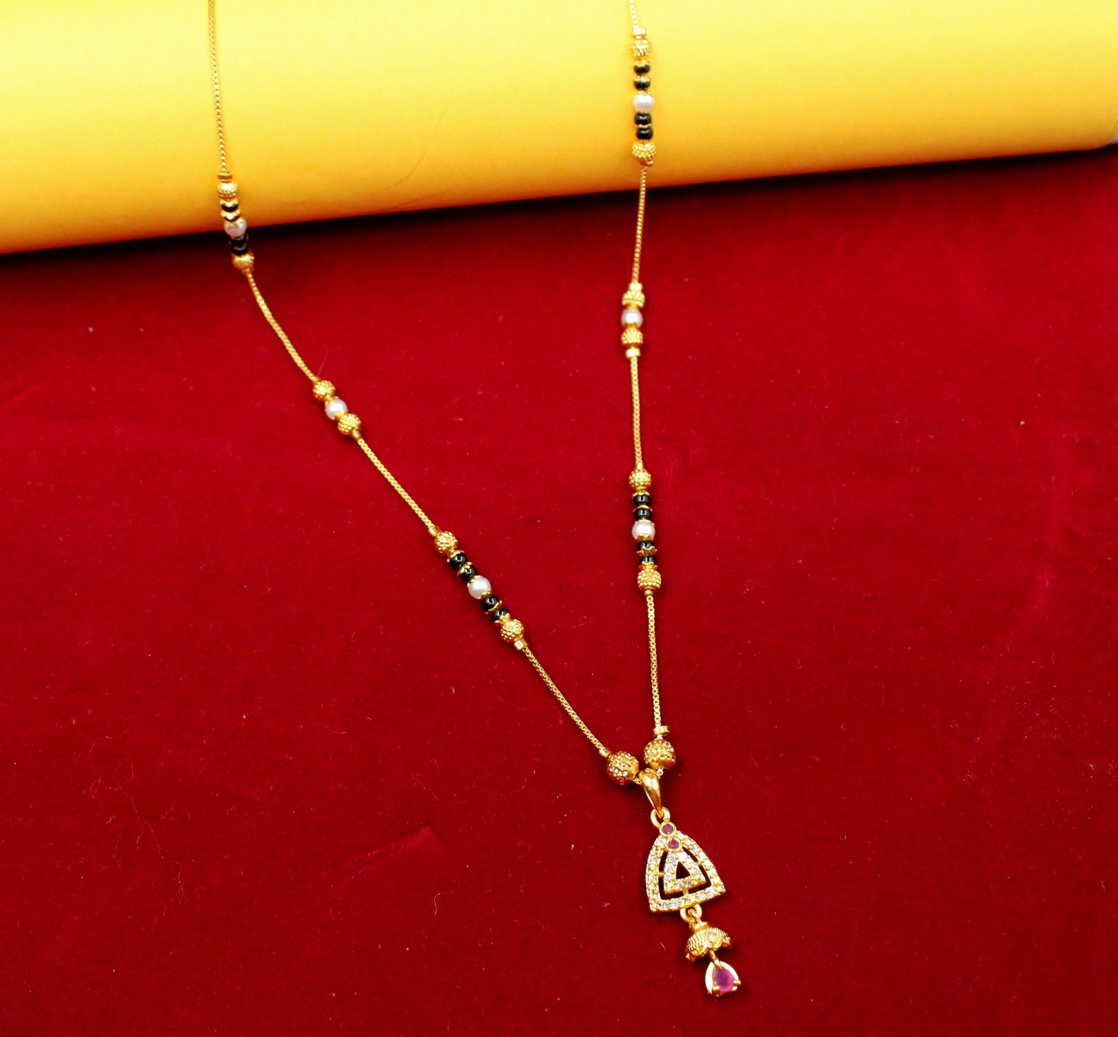 Gold-Plated Mangalsutra with Black Beads & Layered Pendant – Traditional Daily & Festive Wear