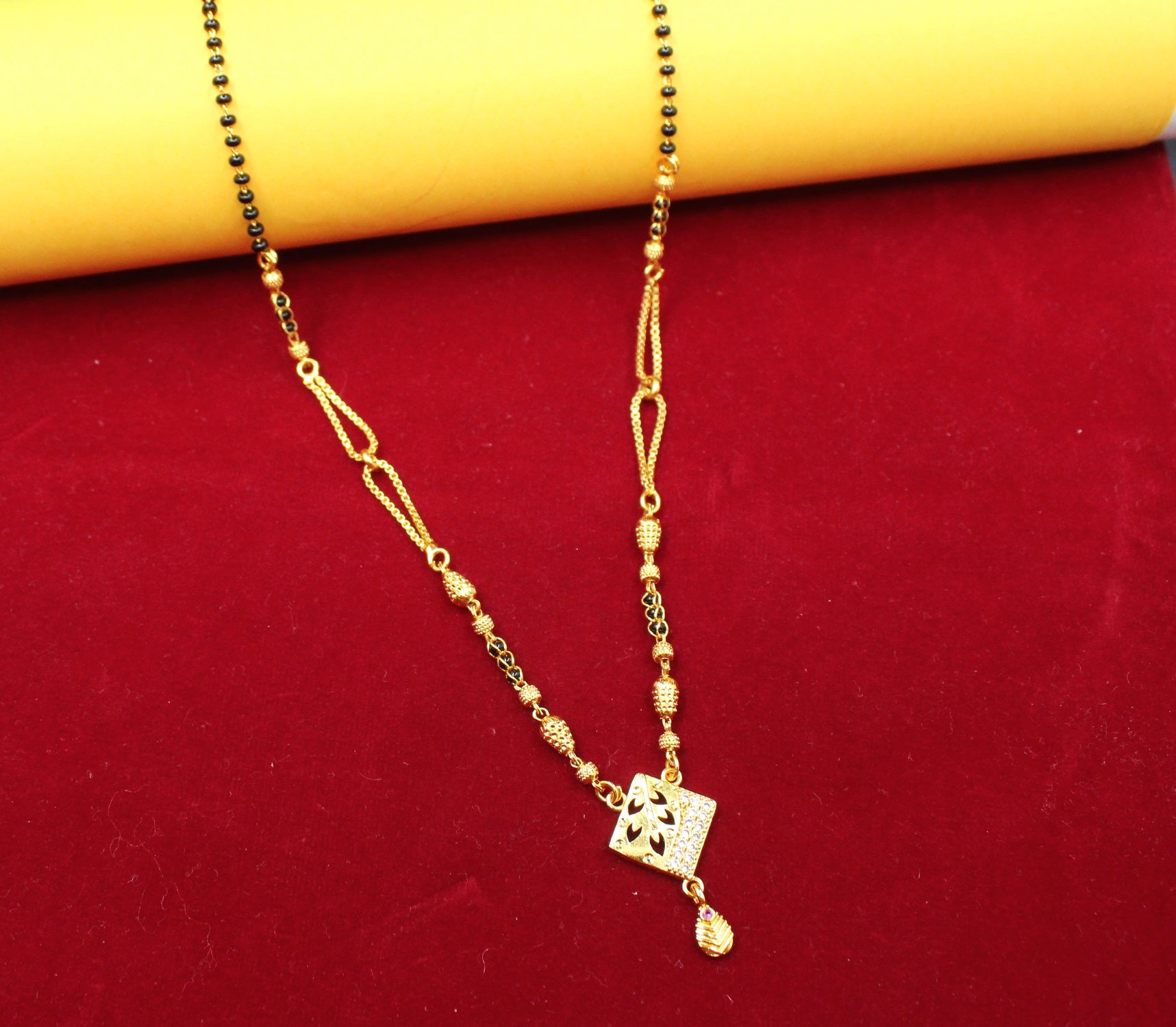 Gold-Plated Mangalsutra with Black Beads & Diamond-Cut Square Pendant – Elegant Daily & Festive Wear