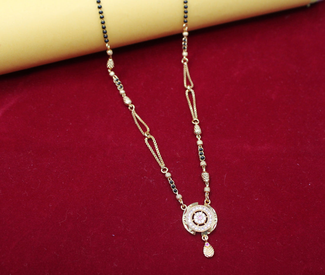 Designer Gold-Plated Mangalsutra with Circular Pendant & Black Beads – Elegant Daily & Festive Wear