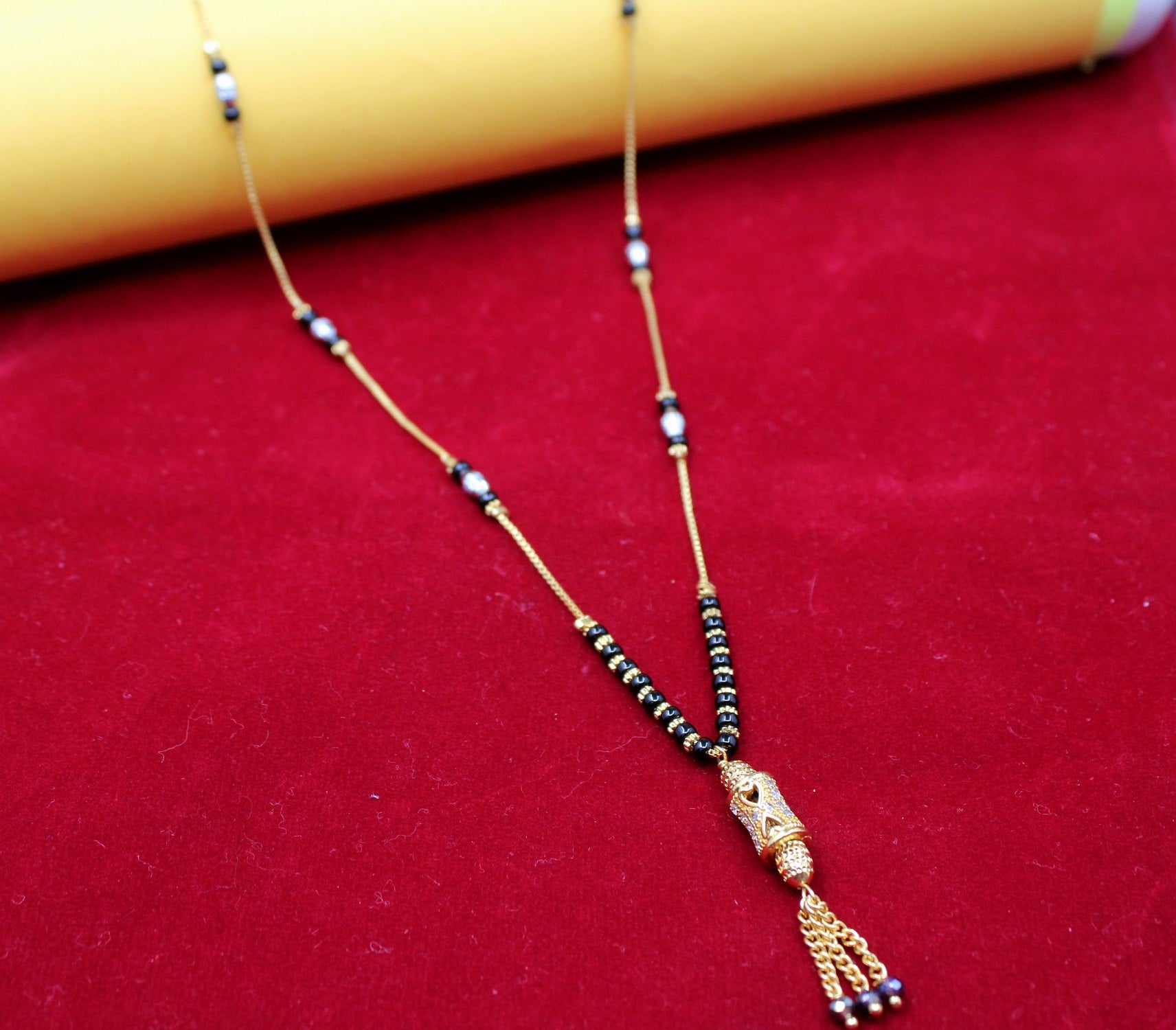 Gold-Plated Designer Mangalsutra with Black Beads & Long Pendant – Traditional Daily & Festive Wear