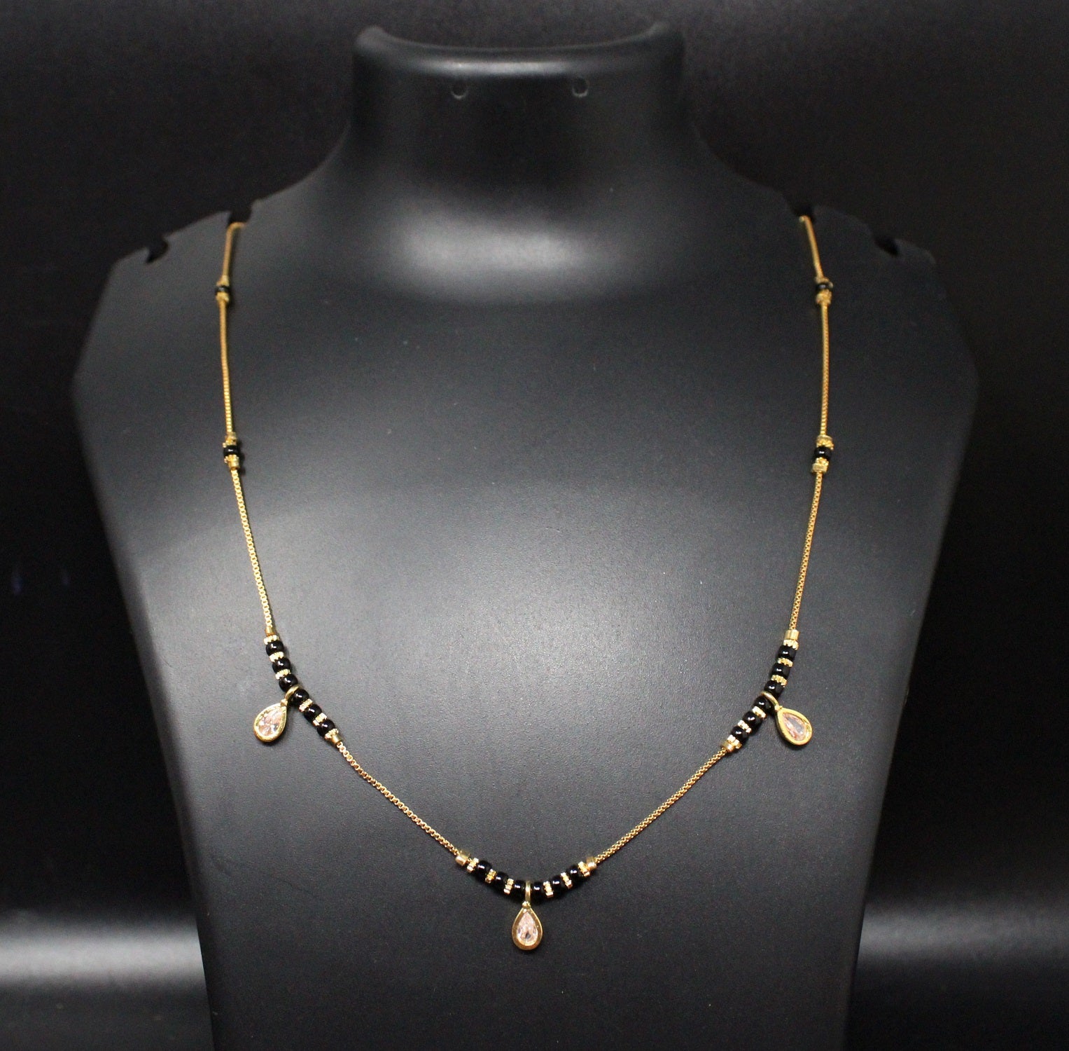 Gold-Plated Mangalsutra with Black Beads & Teardrop Charms – Elegant Daily Wear Jewellery