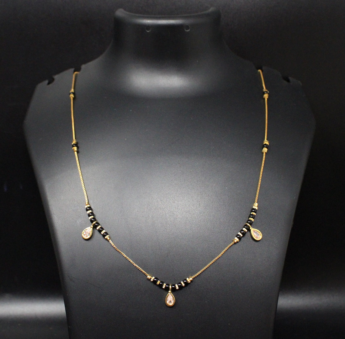 Gold-Plated Mangalsutra with Black Beads & Teardrop Charms – Elegant Daily Wear Jewellery
