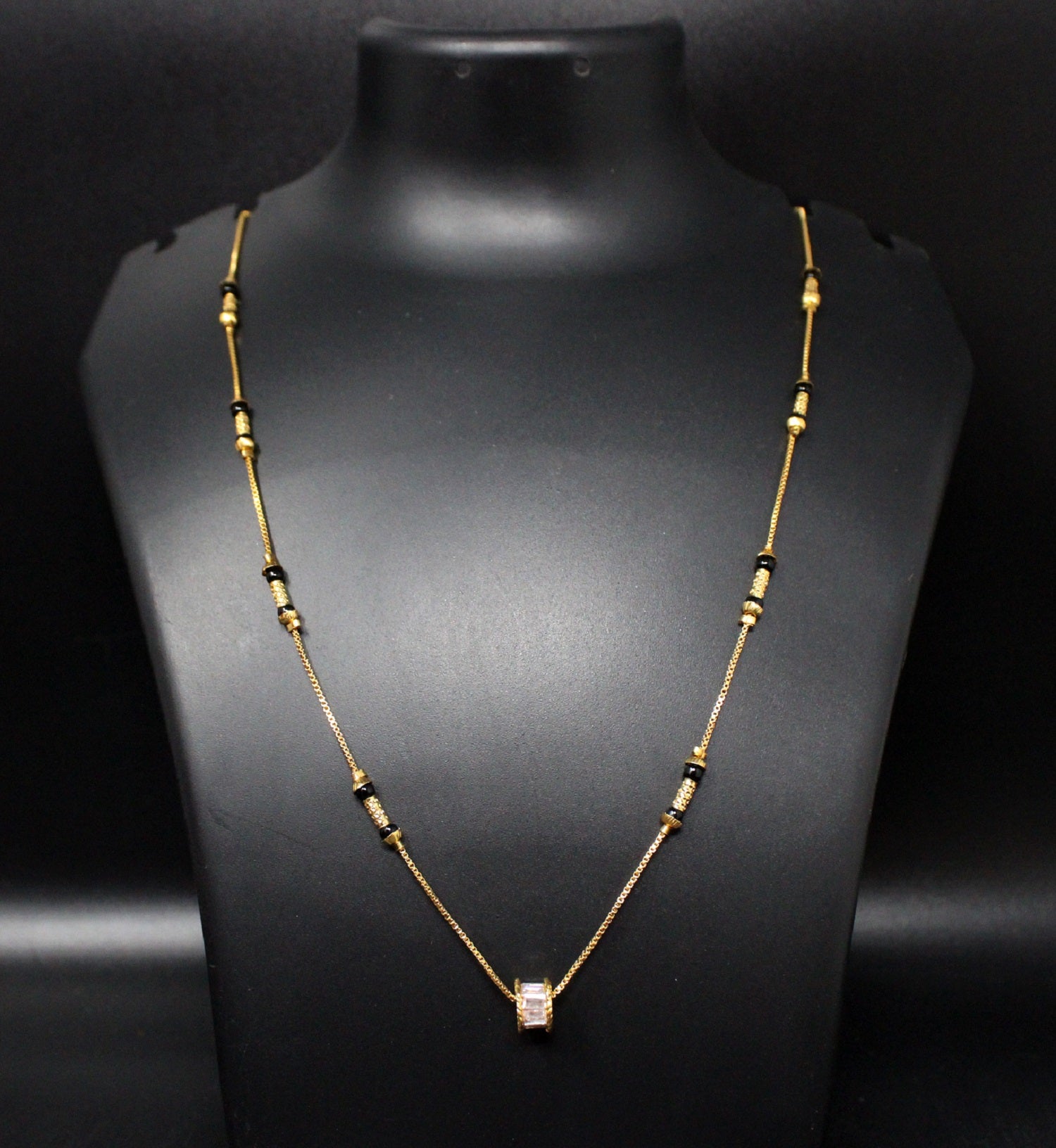 Gold-Plated Mangalsutra with Black Beads & Stone-Studded Barrel Pendant – Elegant Daily Wear