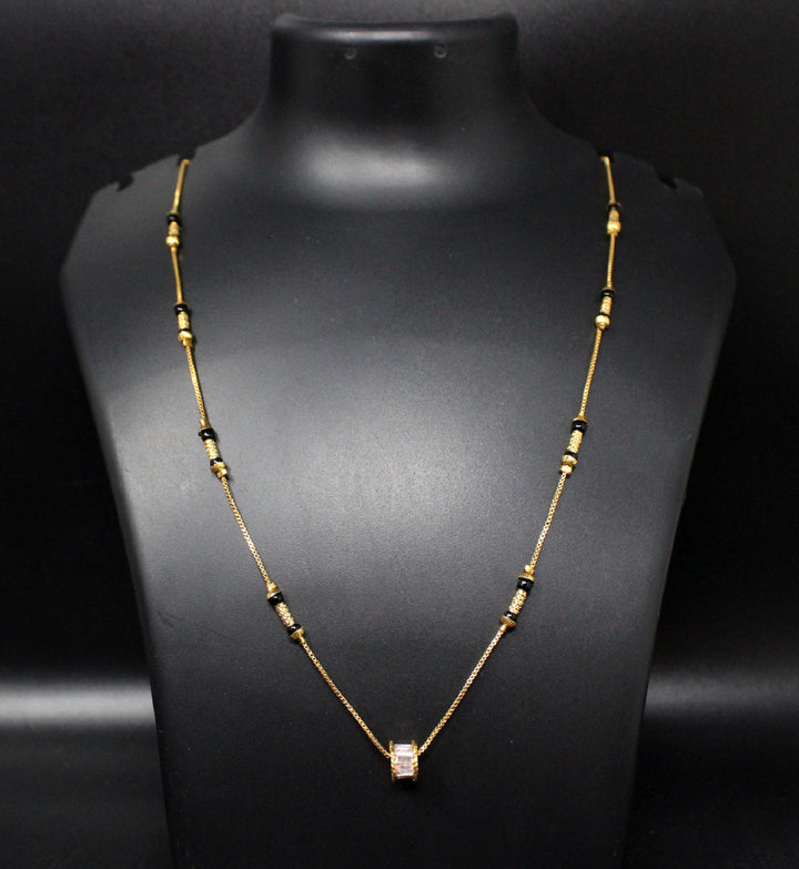 Gold-Plated Mangalsutra with Black Beads & Stone-Studded Barrel Pendant – Elegant Daily Wear