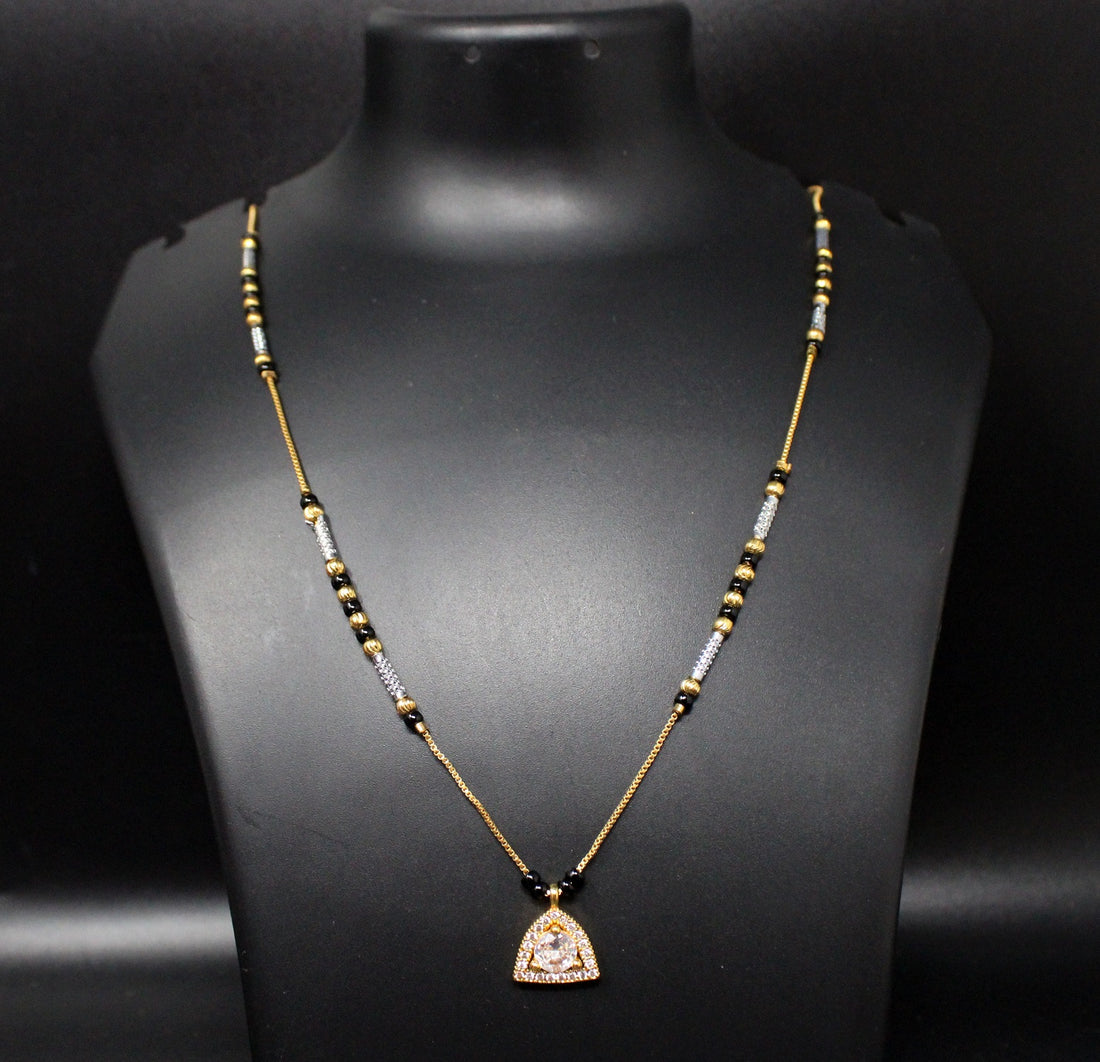 Gold-Plated Mangalsutra with Black Beads & Stone-Studded Triangle Pendant – Elegant Daily Wear