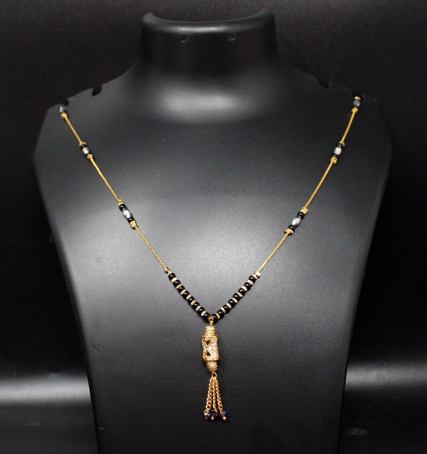 Gold-Plated Designer Mangalsutra with Black Beads & Long Pendant – Traditional Daily & Festive Wear