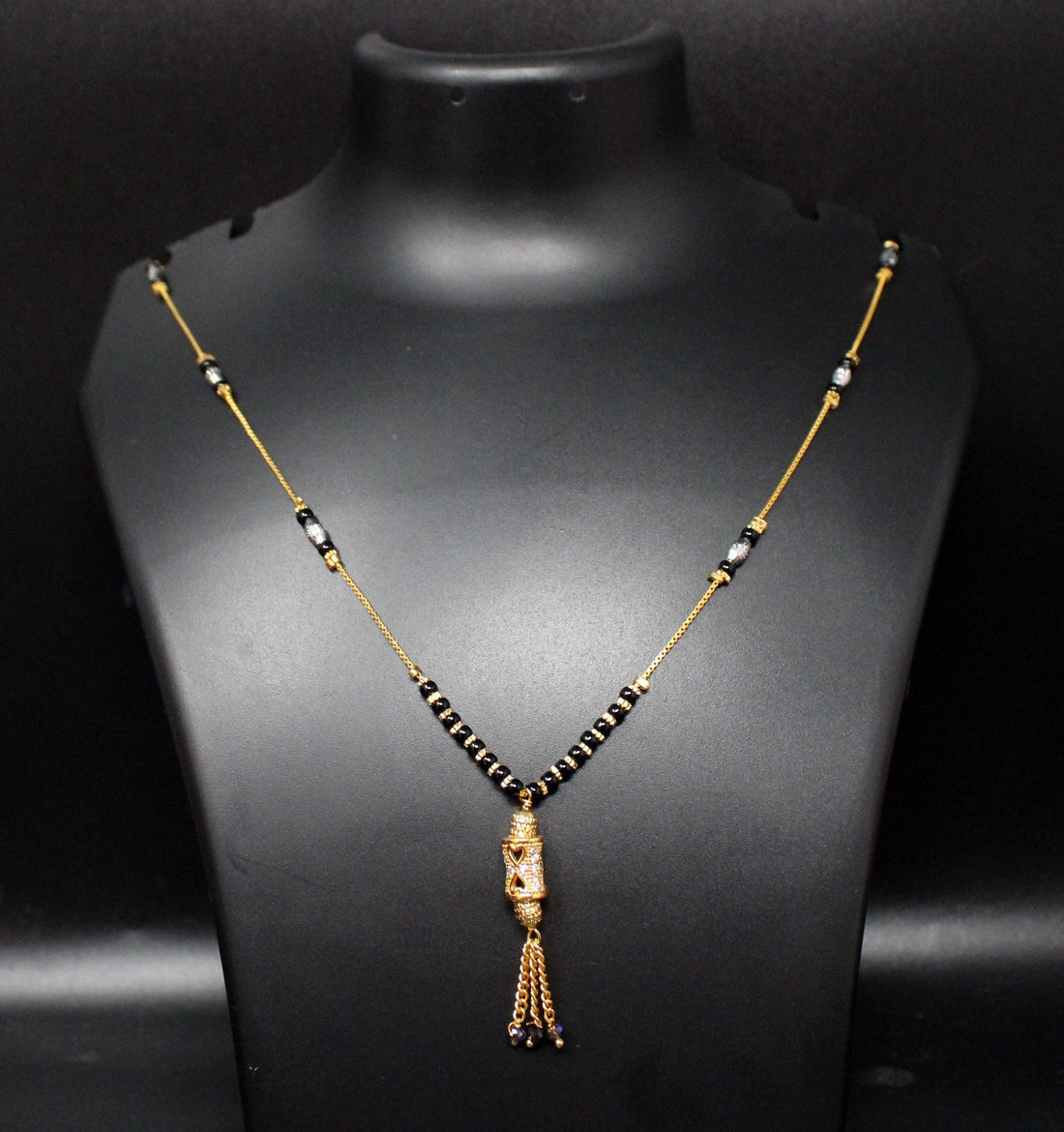 Gold-Plated Designer Mangalsutra with Black Beads & Long Pendant – Traditional Daily & Festive Wear