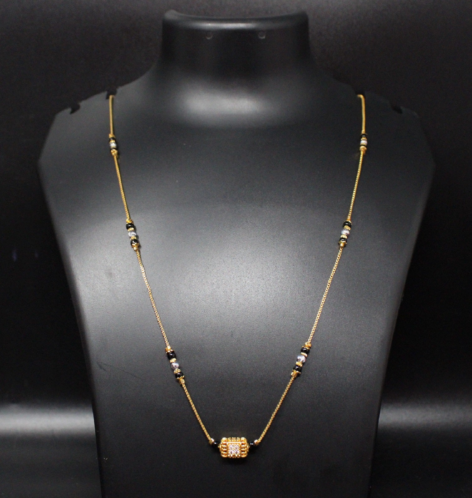 Gold-Plated Mangalsutra with Black Beads & Square Stone Pendant – Lightweight Daily Wear Design