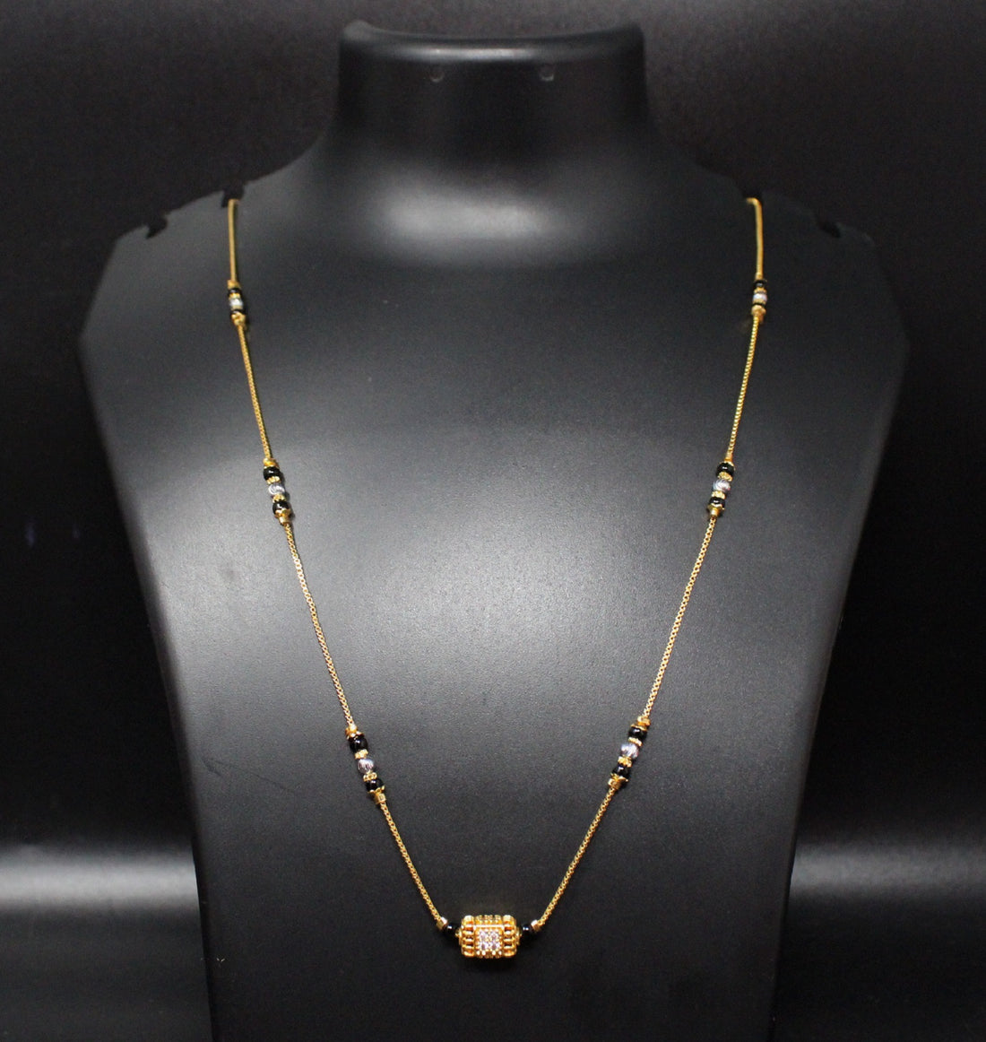 Gold-Plated Mangalsutra with Black Beads & Square Stone Pendant – Lightweight Daily Wear Design