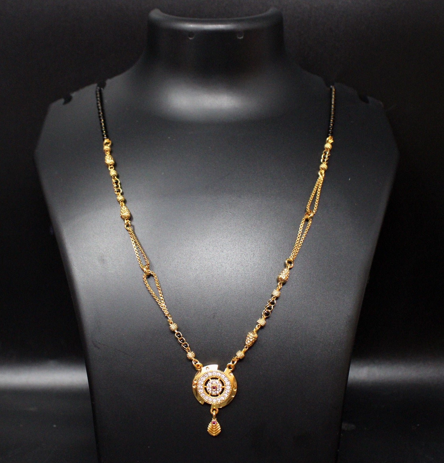 Designer Gold-Plated Mangalsutra with Circular Pendant & Black Beads – Elegant Daily & Festive Wear