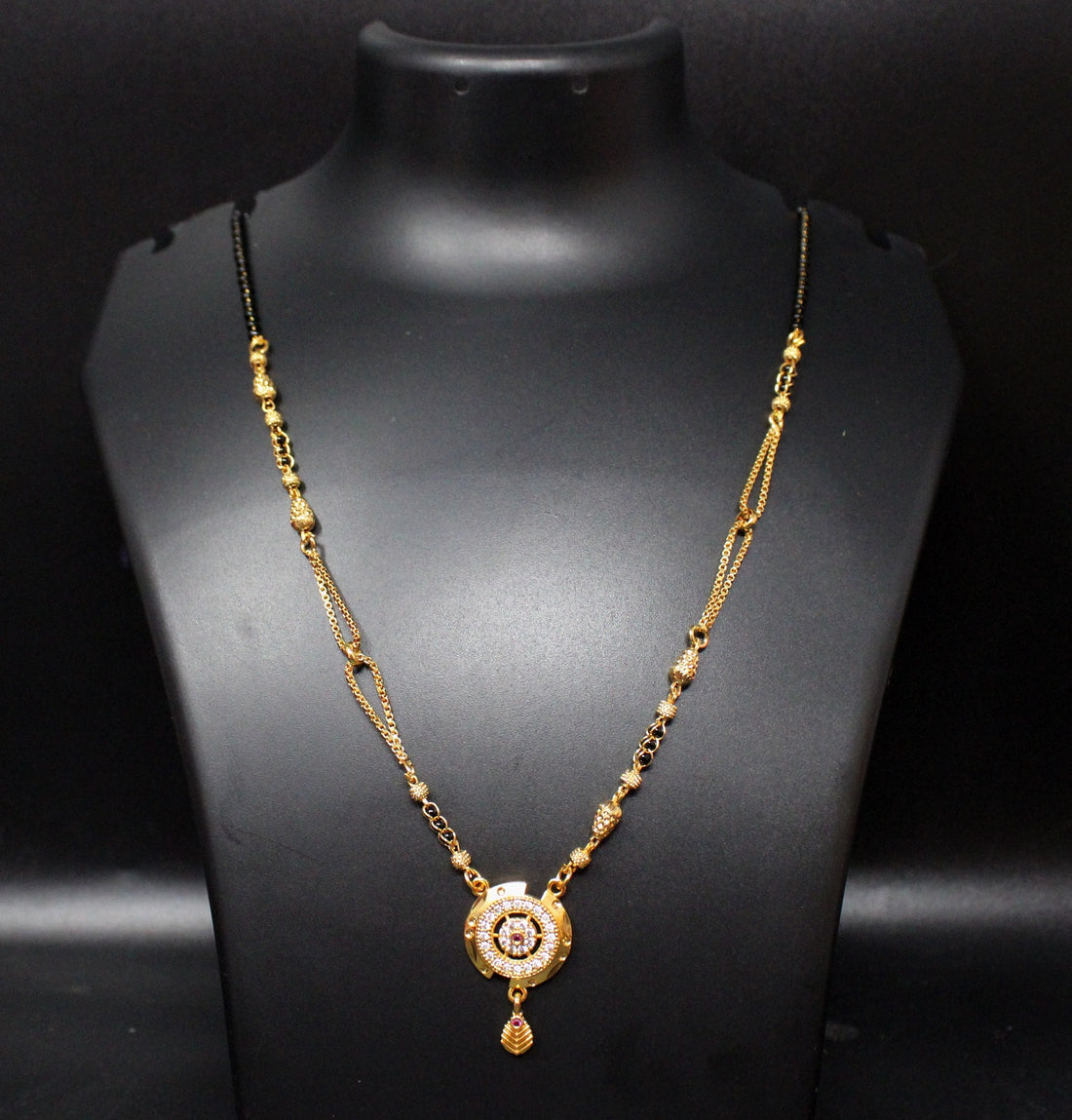 Designer Gold-Plated Mangalsutra with Circular Pendant & Black Beads – Elegant Daily & Festive Wear