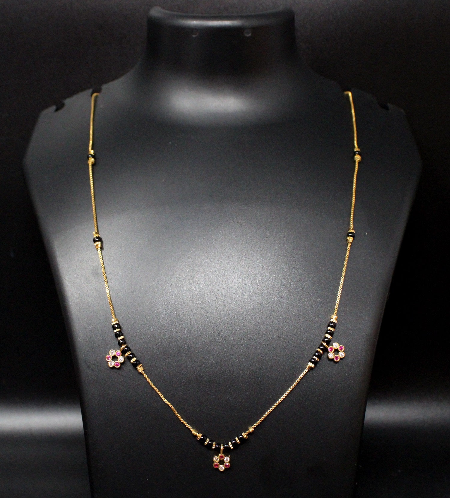 Gold-Plated Mangalsutra with Black Beads & Floral Charms – Lightweight Daily Wear Design