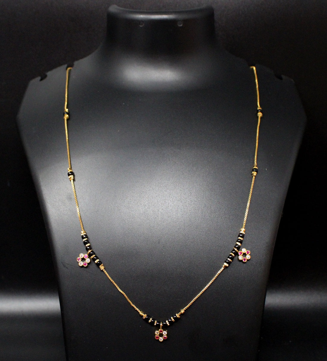 Gold-Plated Mangalsutra with Black Beads & Floral Charms – Lightweight Daily Wear Design