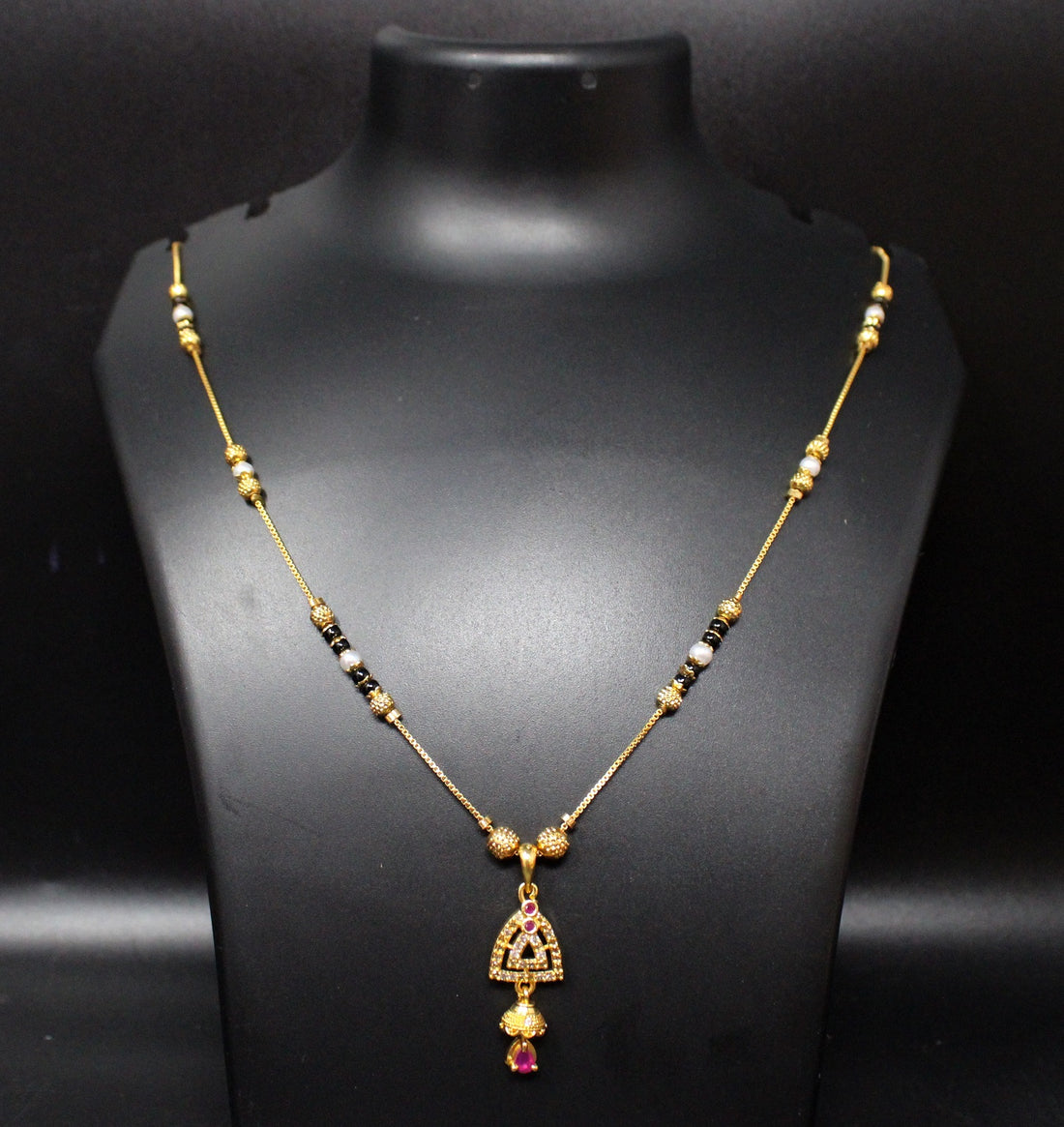 Gold-Plated Mangalsutra with Black Beads & Layered Pendant – Traditional Daily & Festive Wear