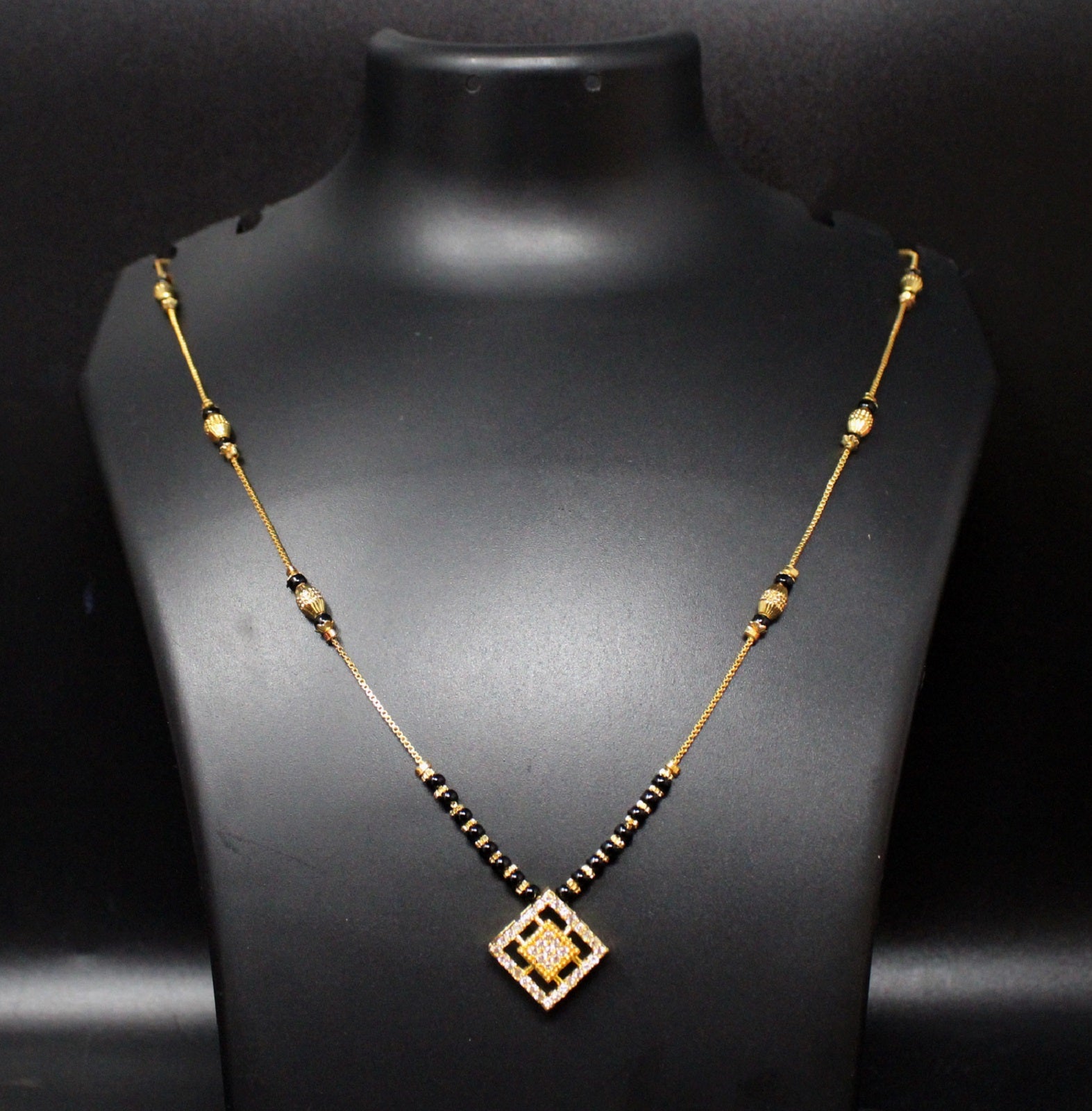 Gold-Plated Mangalsutra with Black Beads & Diamond-Studded Square Pendant – Modern Daily Wear Design