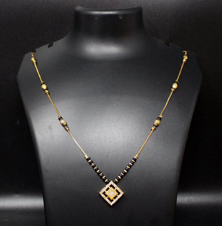 Gold-Plated Mangalsutra with Black Beads & Diamond-Studded Square Pendant – Modern Daily Wear Design