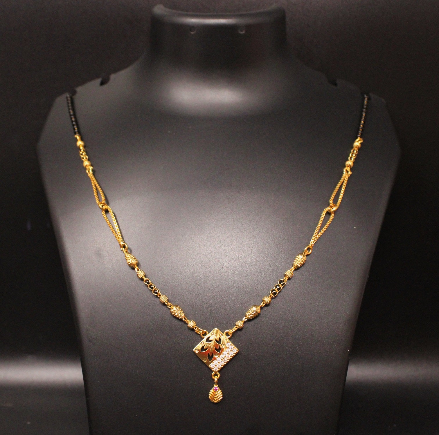 Gold-Plated Mangalsutra with Black Beads & Diamond-Cut Square Pendant – Elegant Daily & Festive Wear