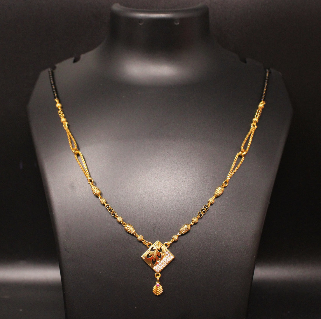 Gold-Plated Mangalsutra with Black Beads & Diamond-Cut Square Pendant – Elegant Daily & Festive Wear