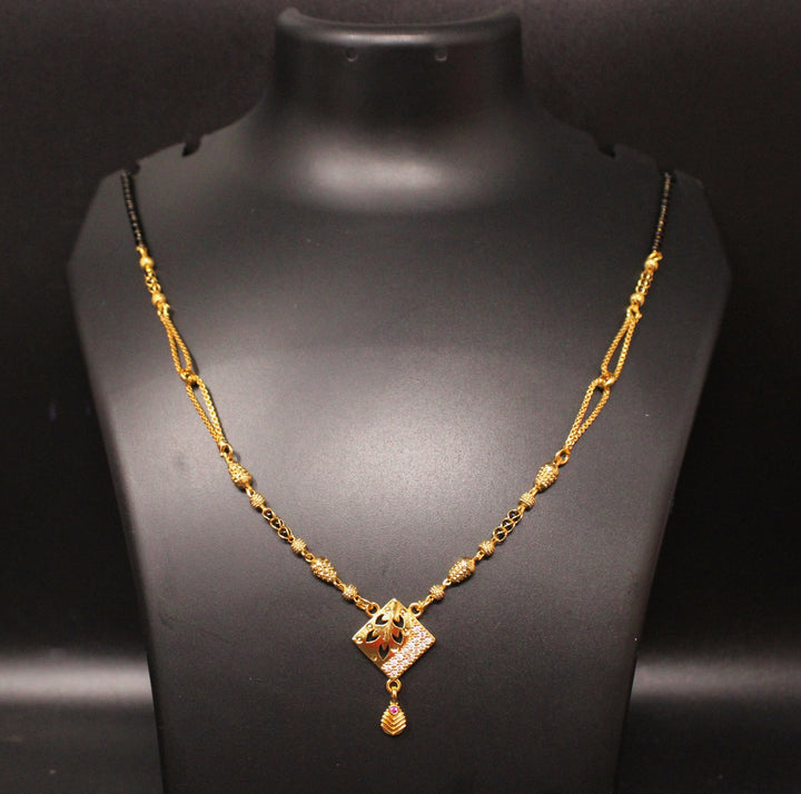 Gold-Plated Mangalsutra with Black Beads & Diamond-Cut Square Pendant – Elegant Daily & Festive Wear