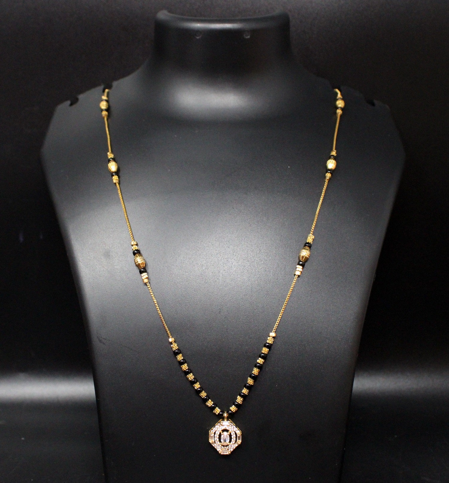 Gold-Plated Mangalsutra with Black Beads & Hexagon Stone Pendant – Stylish Daily & Festive Wear