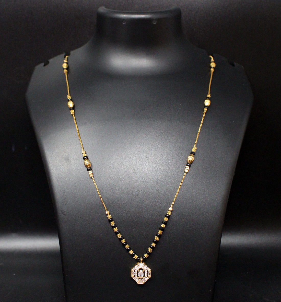 Gold-Plated Mangalsutra with Black Beads & Hexagon Stone Pendant – Stylish Daily & Festive Wear