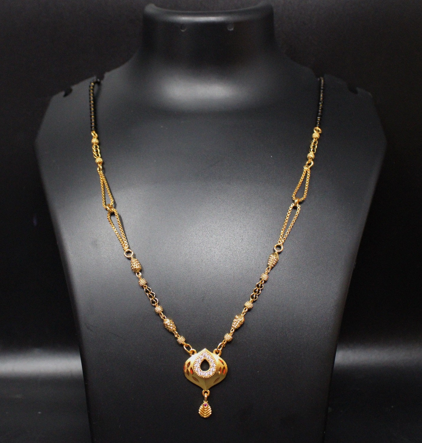 Gold-Plated Mangalsutra with Black Beads & Teardrop Pendant – Elegant Daily & Festive Wear