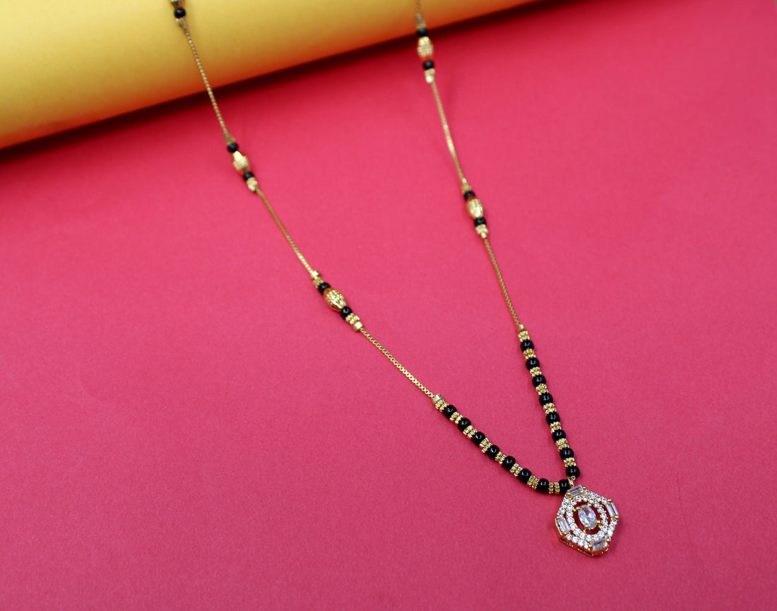 Gold-Plated Mangalsutra with Black Beads & Hexagon Stone Pendant – Stylish Daily & Festive Wear