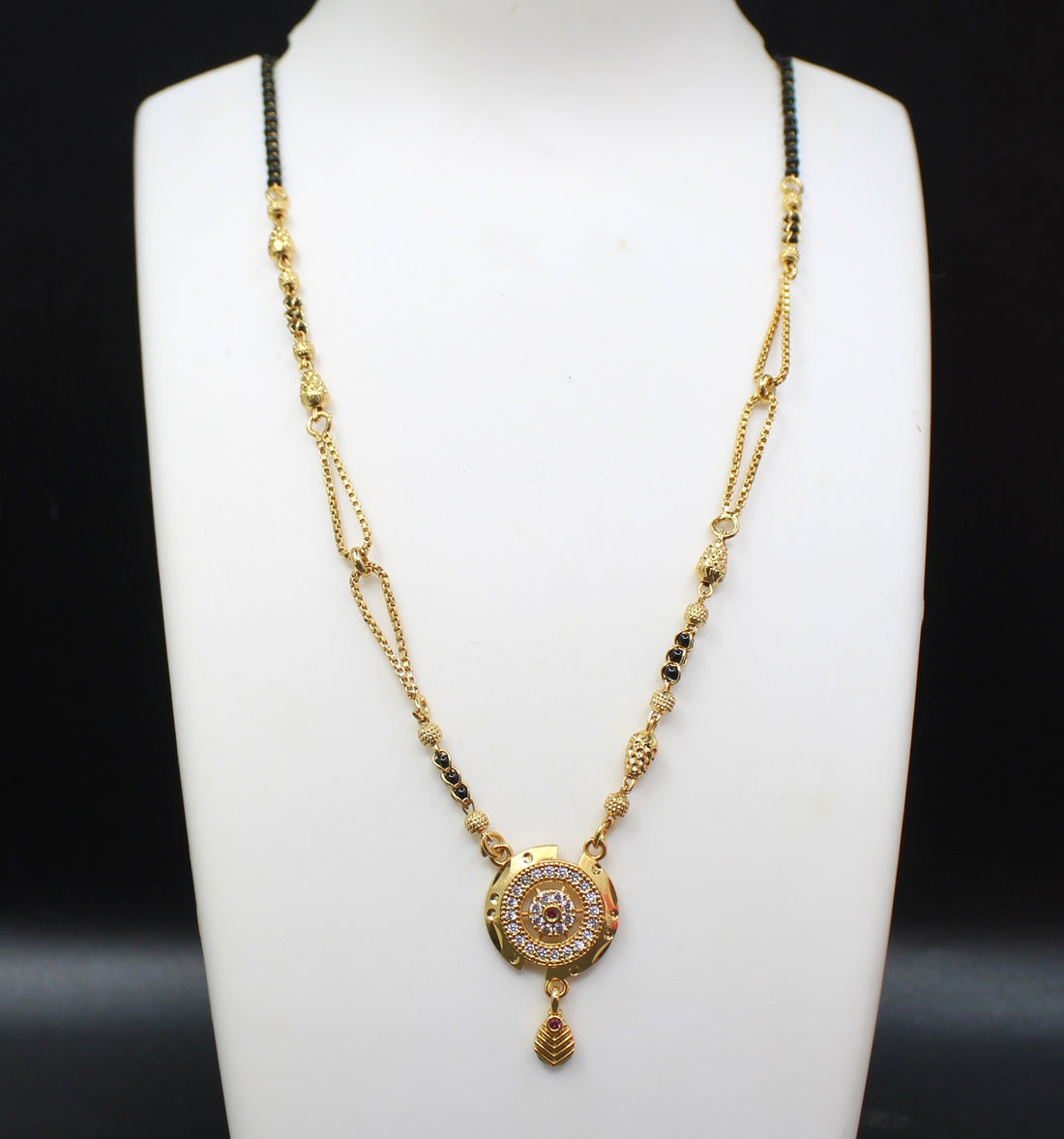 Designer Gold-Plated Mangalsutra with Circular Pendant & Black Beads – Elegant Daily & Festive Wear