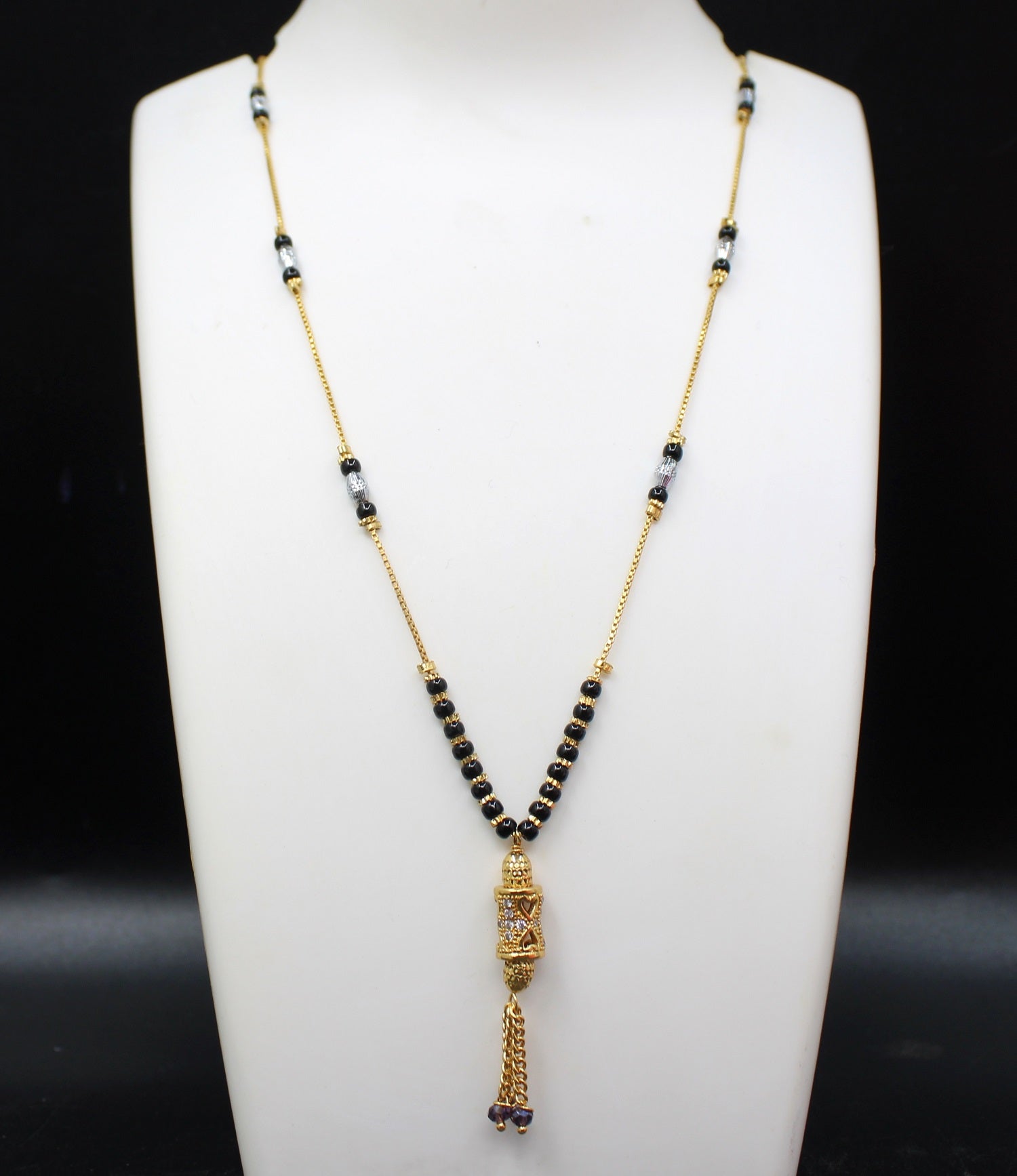 Gold-Plated Designer Mangalsutra with Black Beads & Long Pendant – Traditional Daily & Festive Wear
