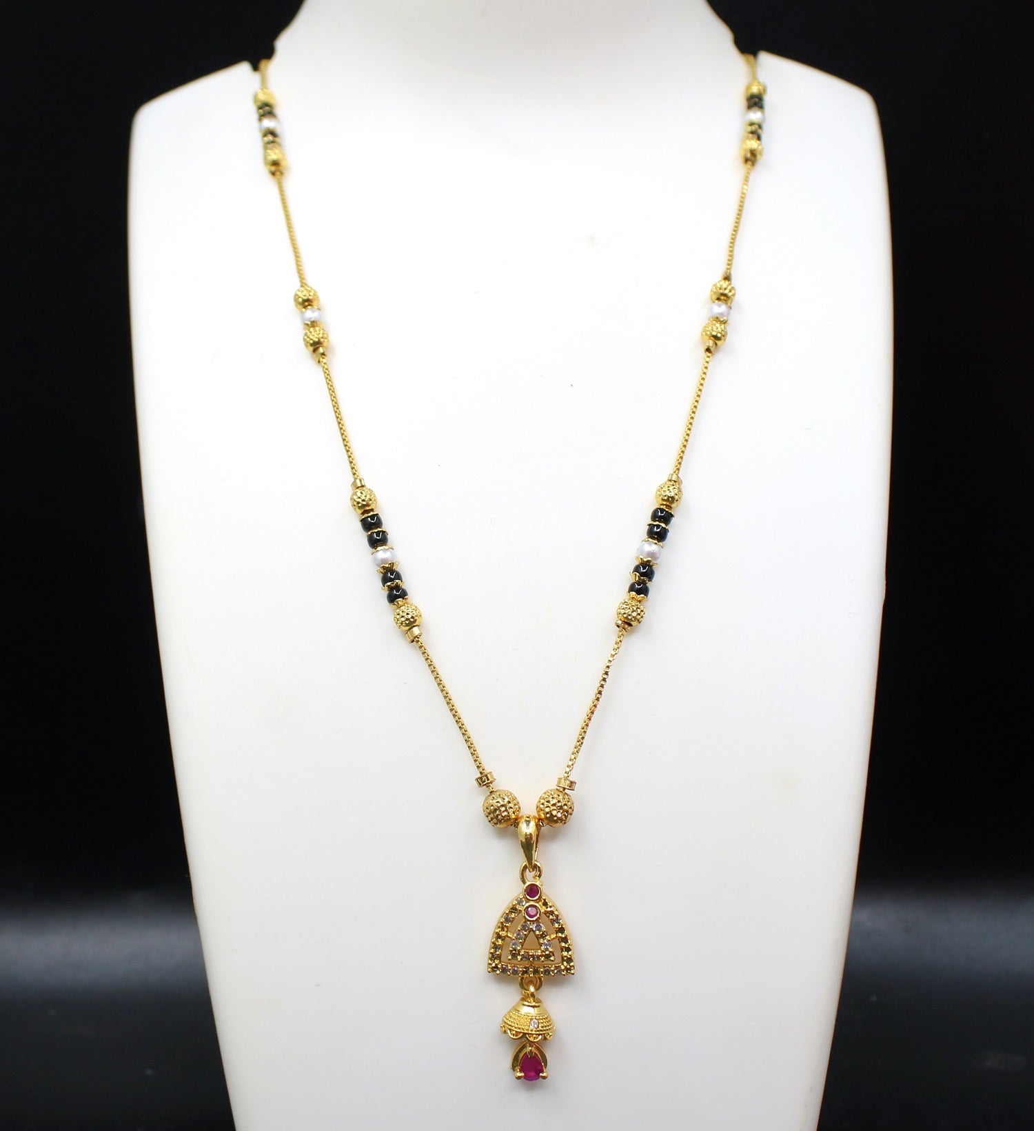 Gold-Plated Mangalsutra with Black Beads & Layered Pendant – Traditional Daily & Festive Wear