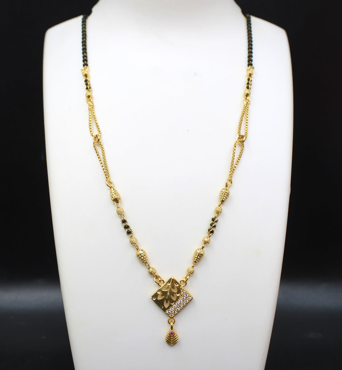 Gold-Plated Mangalsutra with Black Beads & Diamond-Cut Square Pendant – Elegant Daily & Festive Wear