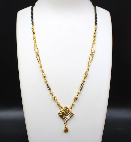 Gold-Plated Mangalsutra with Black Beads & Diamond-Cut Square Pendant – Elegant Daily & Festive Wear