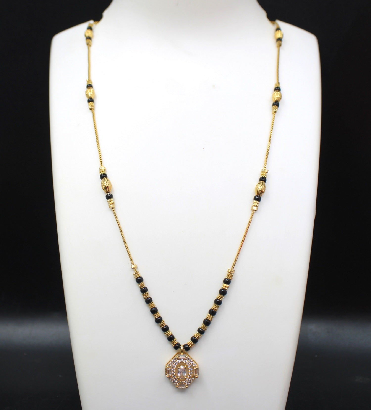 Gold-Plated Mangalsutra with Black Beads & Hexagon Stone Pendant – Stylish Daily & Festive Wear