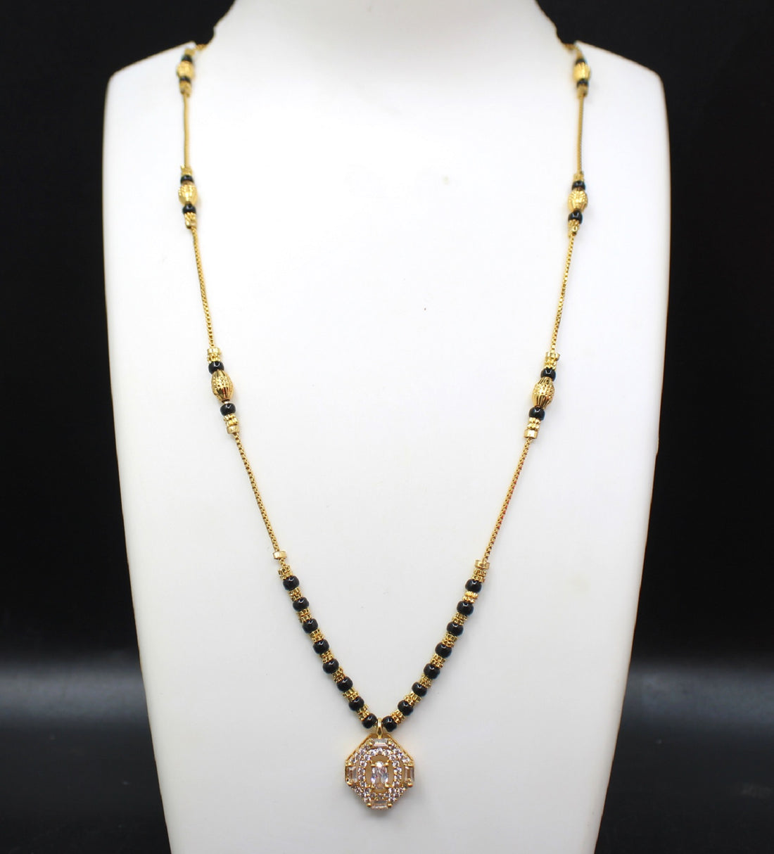 Gold-Plated Mangalsutra with Black Beads & Hexagon Stone Pendant – Stylish Daily & Festive Wear