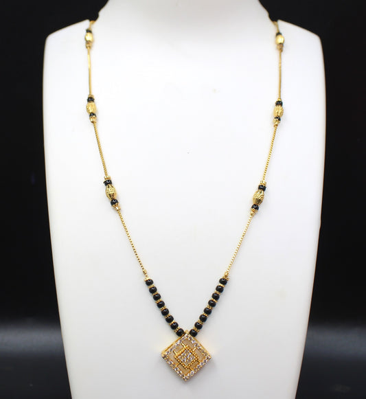 Gold-Plated Mangalsutra with Black Beads & Diamond-Studded Square Pendant – Modern Daily Wear Design