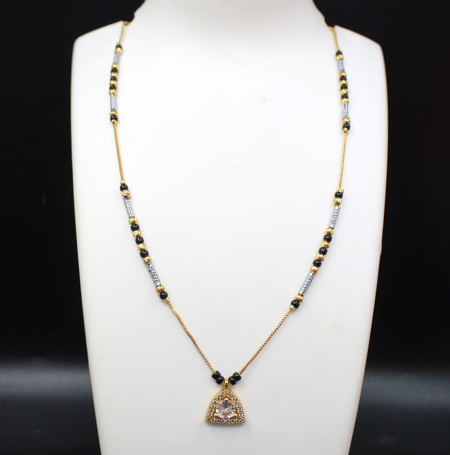 Gold-Plated Mangalsutra with Black Beads & Stone-Studded Triangle Pendant – Elegant Daily Wear