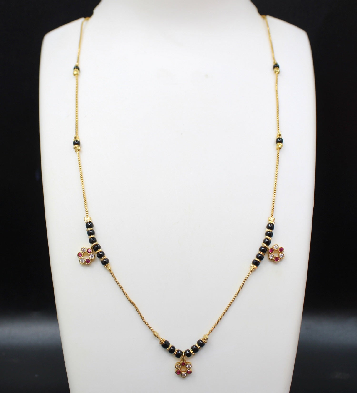 Gold-Plated Mangalsutra with Black Beads & Floral Charms – Lightweight Daily Wear Design