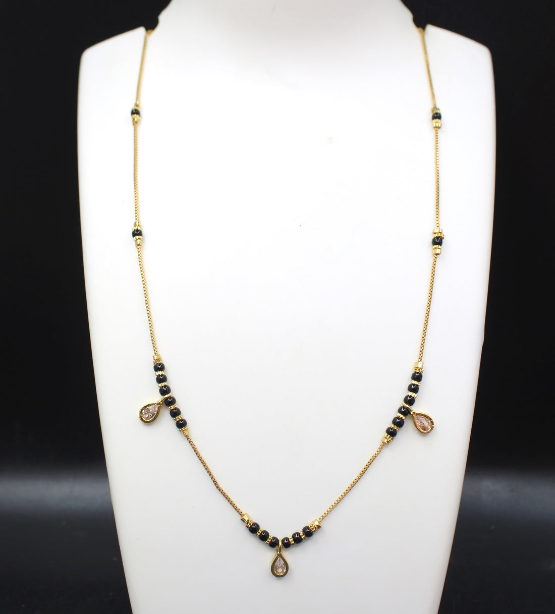 Gold-Plated Mangalsutra with Black Beads & Teardrop Charms – Elegant Daily Wear Jewellery